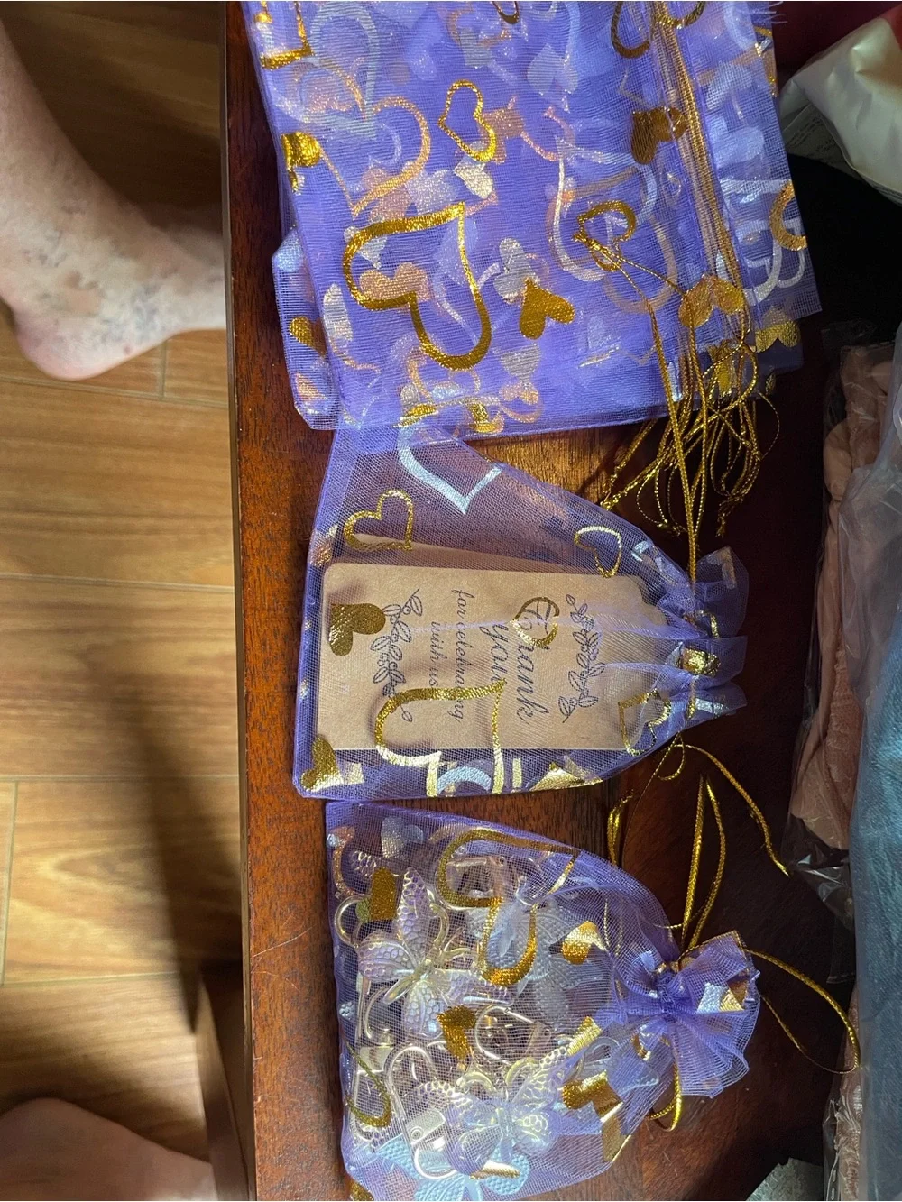 Purple Organza Favor Bags with Gold Heart Print - Party Supplies